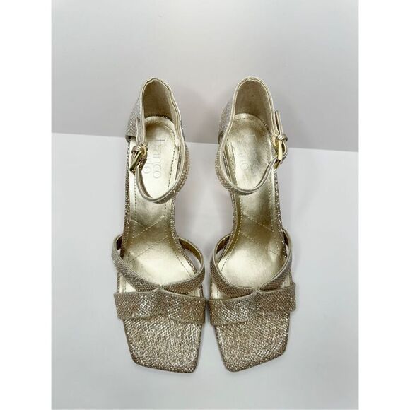 Franco Sarto Sandals Size 8 Gold Leather Ankle Strap Square Toe Evening Heels - Picture 7 of 11